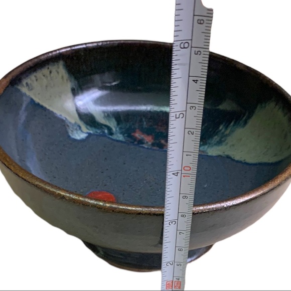 Artisan Hand-thrown Heavy Pedestal Pottery Bowl Drip Multicoloured Dish - Picture 7 of 7